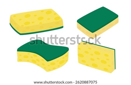 Scrub sponge vector illustration in flat design. Yellow sponge with green scouring pad for housework cleaning. Dish washing tool clipart in cartoon style. Cleaning supplies concept