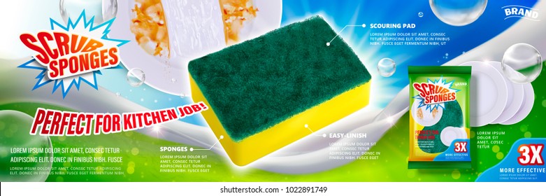 Scrub Sponges Ads, Dishwashing Tool With Package Design And Foam Elements In 3d Illustration