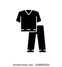 Scrub suit black glyph icon. Top, trousers for nurse. Suit to work in clinic. Protective wear for hospital professional. Disposable PPE. Silhouette symbol on white space. Vector isolated illustration