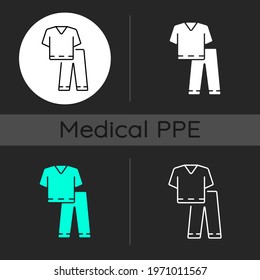 Scrub suit dark theme icons set. Suit to work in clinic. Protective wear for hospital professional. Disposable PPE. Linear white, solid glyph and RGB color styles. Isolated vector illustrations