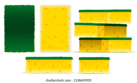 Scrub yellow sponge set design, dish washing tool in vector illustration on white background