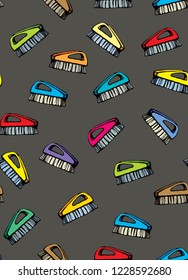 Scrubber comb icons. Boot clear objects on dark gray fond. Bright multi color hand drawn housekeep design in art retro tileable style. Maid worker logo signs
