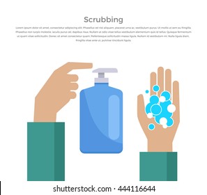 Scrubbing hand with soap design banner. Web page banner poster and hand washing instructions. Hygiene clean soap and care, hand washing water scrubbing and sanitary flat style. Vector illustration
