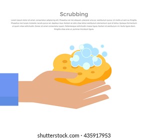 Scrubbing hand with soap and wisp design banner. Hand washing instructions and hygiene clea with soap and care, hand washing water scrubbing web page banner poster with text. Vector illustration