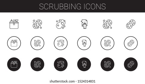 scrubbing icons set. Collection of scrubbing with cleaning, sponge. Editable and scalable scrubbing icons.