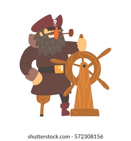 Scruffy Pirate Captain On Wooden Leg With Eye Patch Holding To Stirring Wheel, Filibuster Cut-Throat Cartoon Character