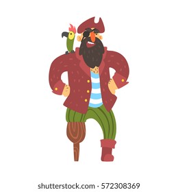 Scruffy Pirate Captain With Parrot With One Leg And One Eye, Filibuster Cut-Throat Cartoon Character