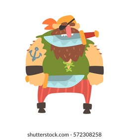 Scruffy Pirate With Eye Patch And Bandana Holding Knife In Teeth, Filibuster Cut-Throat Cartoon Character