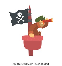 Scruffy Pirate On Mast Lookout With Pirate Flag And Looking Glass, Filibuster Cut-Throat Cartoon Character