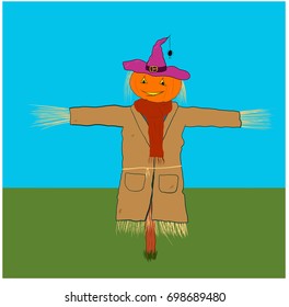 Scruffy scarecrow with pumpkin head dressed in long coat and witches hat.