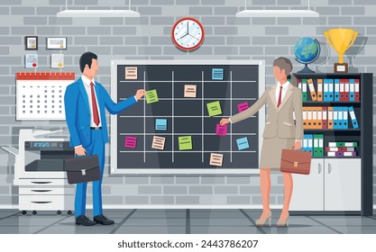 Scrum agile board, business people. Bulletin board hanging on wall full of tasks on sticky note cards. List of event for employee. Development, team work, agenda, to do list. Flat vector illustration