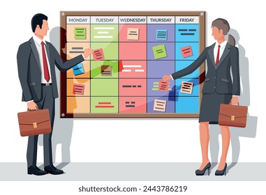 Scrum agile board, business people. Bulletin board hanging on wall full of tasks on sticky note cards. List of event for employee. Development, team work, agenda, to do list. Flat vector illustration