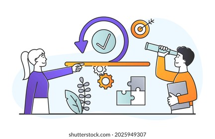 Scrum agile concept. Software development method. Man and woman use adaptive programming methods and development strategies. Cartoon doodle flat vector illustration isolated on white background