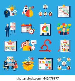 Scrum agile development framework methodology symbols  for managing complex projects flat icons collection abstract isolated vector illustratin