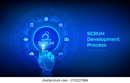 SCRUM. Agile development methodology process. Iterative sprint methodology. Programming and application design technology concept. Robotic hand touching digital interface. Vector illustration.