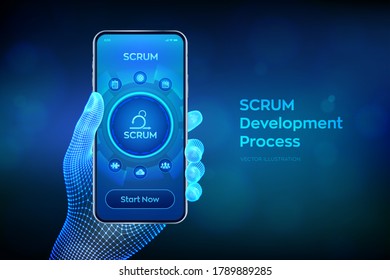 SCRUM. Agile development methodology process. Iterative sprint methodology. Programming and application design technology concept. Closeup smartphone in wireframe hand. Vector illustration.