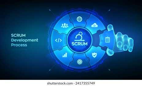 SCRUM. Agile development methodology process. Iterative sprint methodology. Programming and application design concept. Wireframe hand places an element into a composition visualizing SCRUM. Vector.