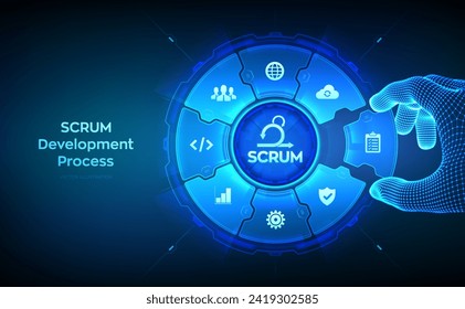 SCRUM. Agile development methodology process. Iterative sprint methodology. Programming and application design concept. Wireframe hand places an element into a composition visualizing SCRUM. Vector.