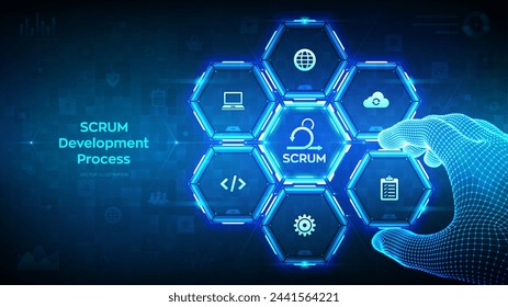 SCRUM. Agile development methodology process. Iterative sprint methodology. Programming and application design concept. Wireframe hand places an element into a composition visualizing SCRUM. Vector.