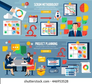 Scrum agile development methodology teamwork 2 colorful horizontal banners with sprint project planning abstract isolated vector illustratin