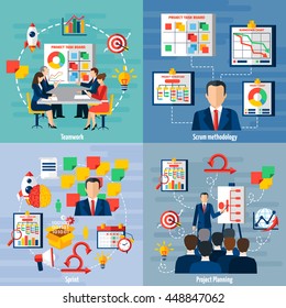 Scrum agile iterative flexible software development framework for teamwork 4 flat icons square composition abstract vector illustration 