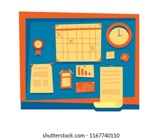 Scrum and agile methodology board plan with calendar schedule and sticky notes flowchart. School blackboard with clock, award and documents.