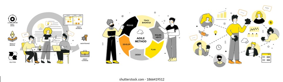 Scrum, agile methodology for marketing design, flat vector illustration set.