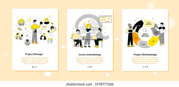 Scrum, agile methodology for marketing design, Flat onboarding mobile app page screen template.