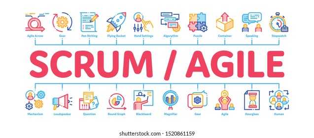 Scrum Agile Minimal Infographic Web Banner Vector. Agile Rocket And Document File, Gear And Package, Loud-speaker And Stop Watch Concept Linear Pictograms. Contour Illustrations