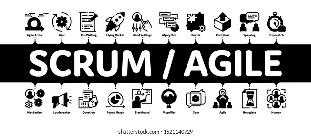 Scrum Agile Minimal Infographic Web Banner Vector. Agile Rocket And Document File, Gear And Package, Loud-speaker And Stop Watch Concept Linear Pictograms. Contour Illustrations