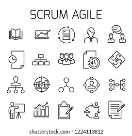 Scrum agile related vector icon set. Well-crafted sign in thin line style with editable stroke. Vector symbols isolated on a white background. Simple pictograms.