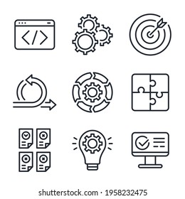 Scrum and agile software methodology related editable stroke outline icons set isolated on white background flat vector illustration.