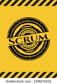 Scrum black grunge emblem inside yellow warning sign. Vector Illustration. Detailed.