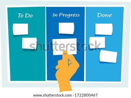 Scrum Board, Agile Method. A hand sticking notes to the project board
