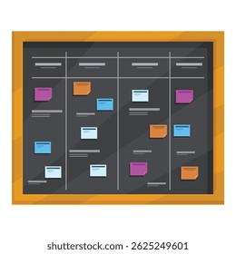Scrum board con notas adhesivas codificadas por colores que muestran sprints para un equipo de desarrollo ágil