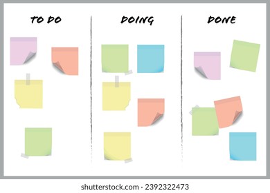 Scrum board with colorful sticky notes to be used by agile software development teams for planning. Categories To do, Doing and Done.