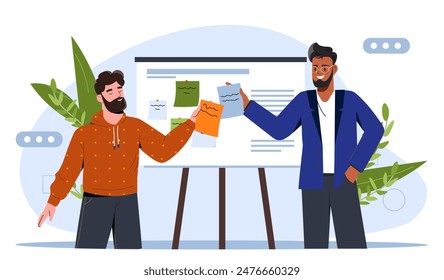 Scrum board concept. Employees with to do lists with tasks. Organizing efficient work process and time management. Collaboration and cooperation, teamwork. Cartoon flat vector illustration