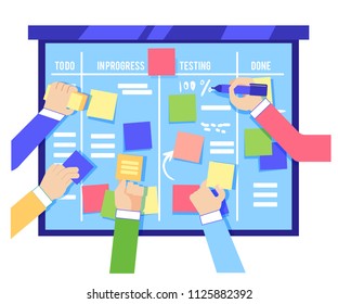 Scrum board concept with human hands sticking colorful papers and writing tasks on blue board isolated on white background - agile methodology to manage business project in flat vector illustration.
