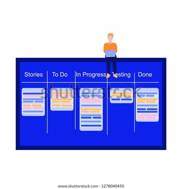 Scrum board\
concept vector illustration in flat style - man working with laptop\
sitting on big agile timetable with list of tasks divided into\
stages isolated on white\
background.