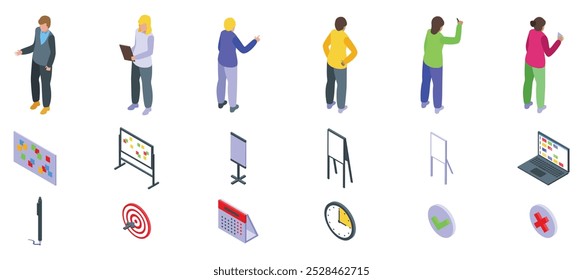 Conjunto de iconos de tablero de Scrum. Conjunto de personajes de gerentes que trabajan en el proyecto de inicio utilizando la metodología Scrum Agile con tablero kanban, tablero ágil, destino, calendario, administración de tiempo y más