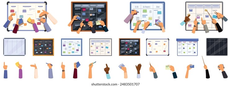 Scrum board icons set. Project managers writing on scrum task board, agile team working, software development planning icons set