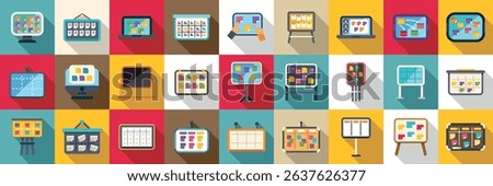  Scrum board icons set. Various colorful kanban boards, both physical and digital, illustrate agile project management and workflow visualization