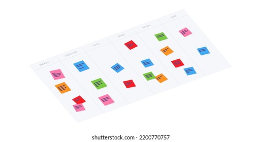 Scrum-Board-Methode. Tagungsprozess, Karten mit Aufgaben auf Whiteboard, Teamwork im Büro oder online. Implementierung der Benutzergeschichte. In der Tat, in der Entwicklung, getan Phasen. Agile-Modell, flache Vektorgrafik