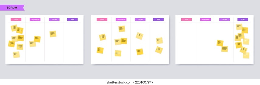 Scrum board methodology. Meeting process, cards with tasks on whiteboard, teamwork visualization in office or online. To do, in progress, done stages. Agile business model flat vector illustration.