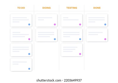 Scrum board methodology. Meeting process, cards with tasks on whiteboard, teamwork visualization in office or online. To do, in progress, done stages. Agile business model flat vector illustration.