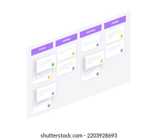 Scrum board methodology. Meeting process, cards with tasks on whiteboard, teamwork visualization in office or online. To do, in progress, done stages. Agile business model flat vector illustration.