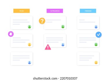 Scrum-Board-Methode. Meeting Prozess, Karten mit Aufgaben auf Whiteboard, Teamwork Visualisierung im Büro oder online. In der Tat, in der Entwicklung, getan Phasen. Agile Geschäftsmodell, flache Vektorgrafik.