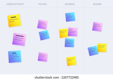 Scrum board methodology. Meeting process, cards with tasks on whiteboard, teamwork in office or online. User story implementation. To do, in progress, done stages. Agile model flat vector illustration