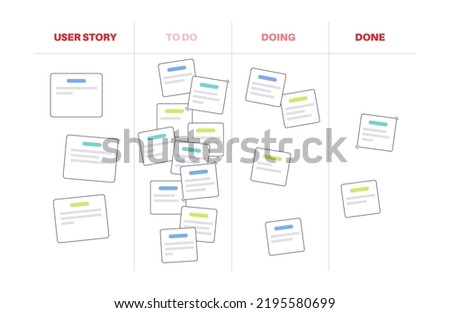 Scrum board methodology. Meeting process, cards with tasks on whiteboard, teamwork in office or online. User story implementation. To do, in progress, done stages. Agile model flat vector
