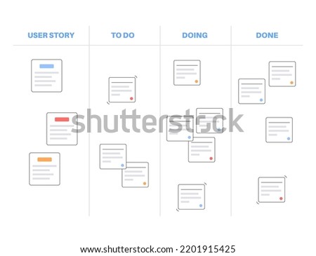 Scrum board methodology. Meeting process, cards with tasks on whiteboard, teamwork in office or online. User story implementation. To do, in progress, done stages. Agile model flat vector illustration